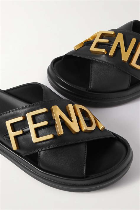 Shop Fendi Logo Leather Slide Sandals 